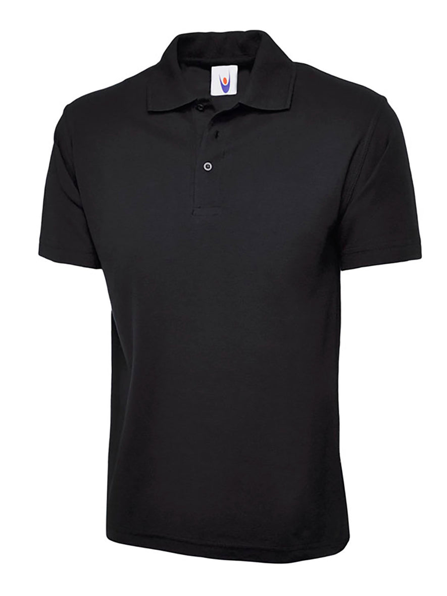 Uneek Clothing UC101 220GSM Classic Poloshirt in black with short sleeves, collar and three button plackett.