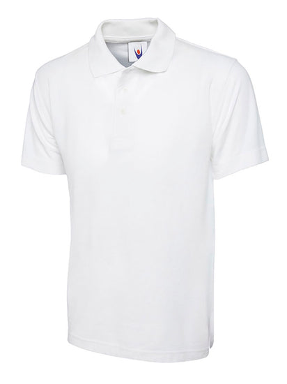 Uneek Clothing UC101 220GSM Classic Poloshirt in white with short sleeves, collar and three button plackett.