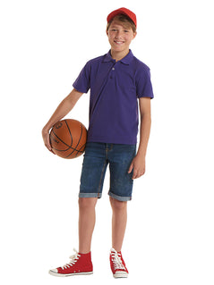 Person wearing Uneek Clothing UC103 220GSM Childrens Poloshirt in purple with short sleeves, collar and three button plackett.