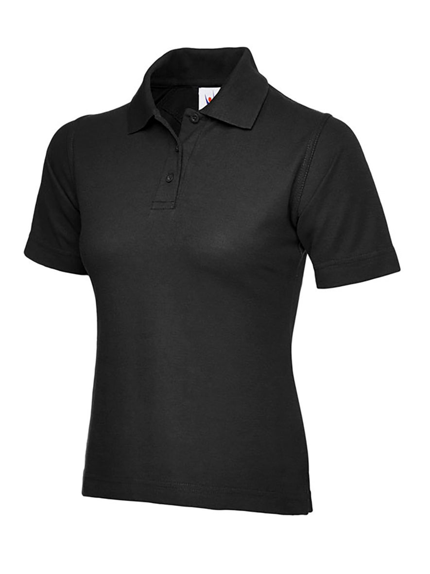 Uneek Clothing UC106, 220GSM Ladies Poloshirt in black with short sleeves, collar and three button plackett.