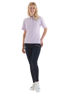 Person wearing Uneek Clothing UC106, 220GSM Ladies Poloshirt in pink with short sleeves, collar and three button plackett.