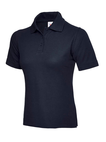 Uneek Clothing UC106, 220GSM Ladies Poloshirt in navy with short sleeves, collar and three button plackett.