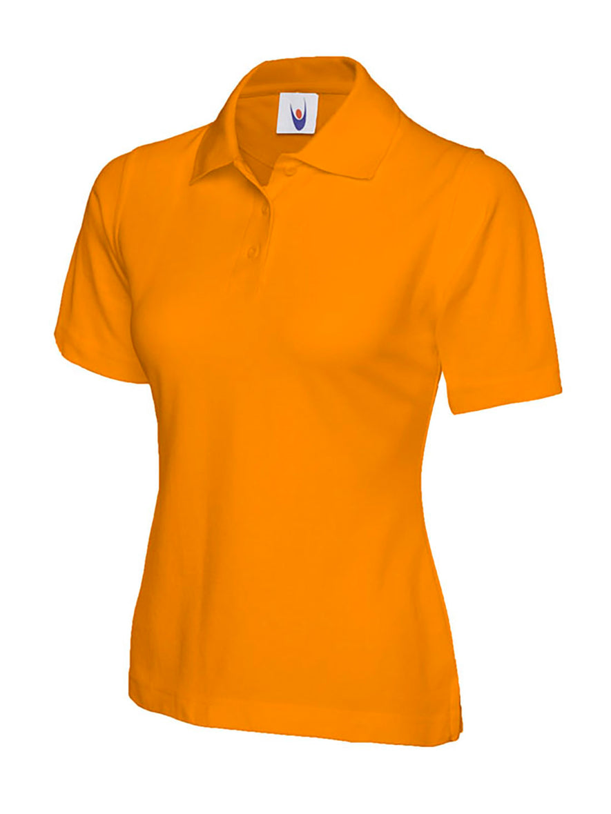 Uneek Clothing UC106, 220GSM Ladies Poloshirt in orange with short sleeves, collar and three button plackett.