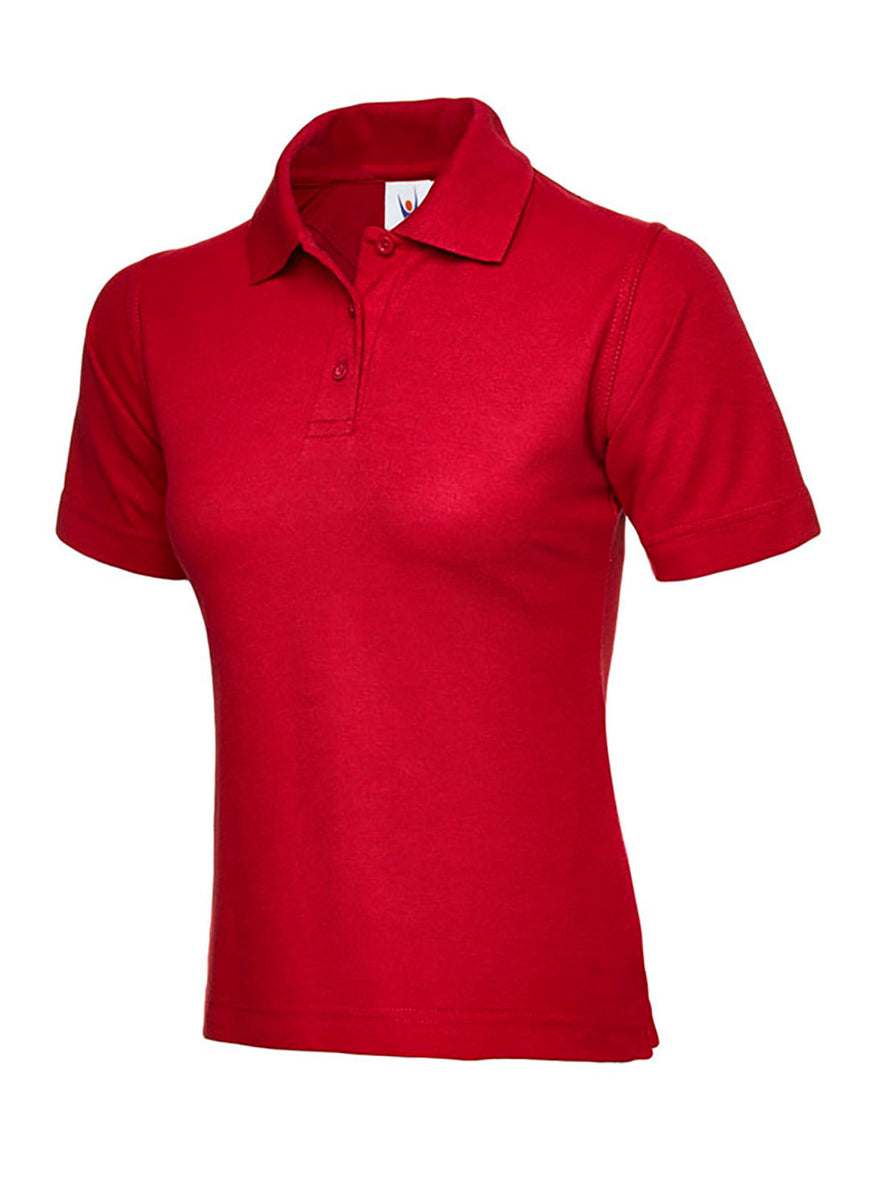 Uneek Clothing UC106, 220GSM Ladies Poloshirt in red with short sleeves, collar and three button plackett.