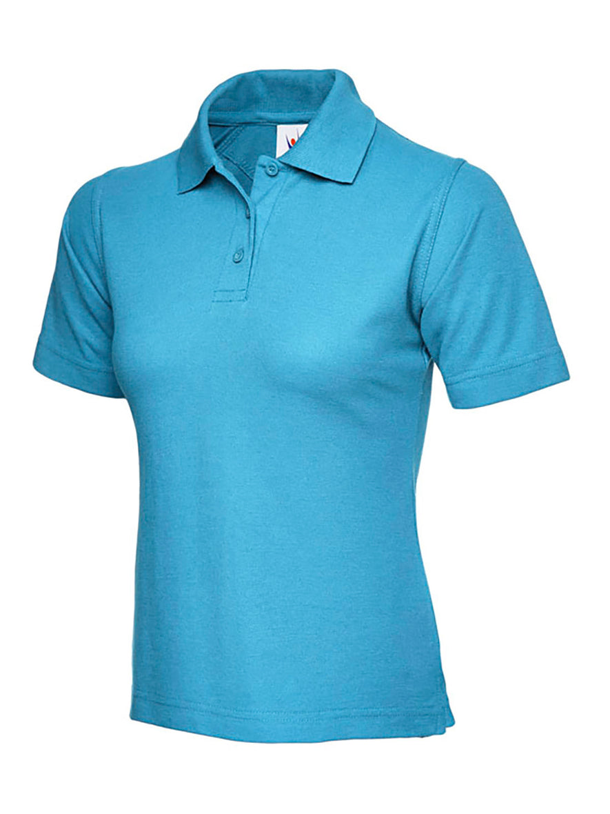 Uneek Clothing UC106, 220GSM Ladies Poloshirt in sky blue with short sleeves, collar and three button plackett.