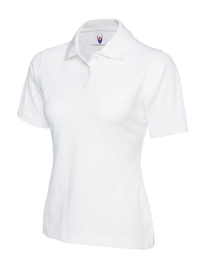 Uneek Clothing UC106, 220GSM Ladies Poloshirt in white with short sleeves, collar and three button plackett.