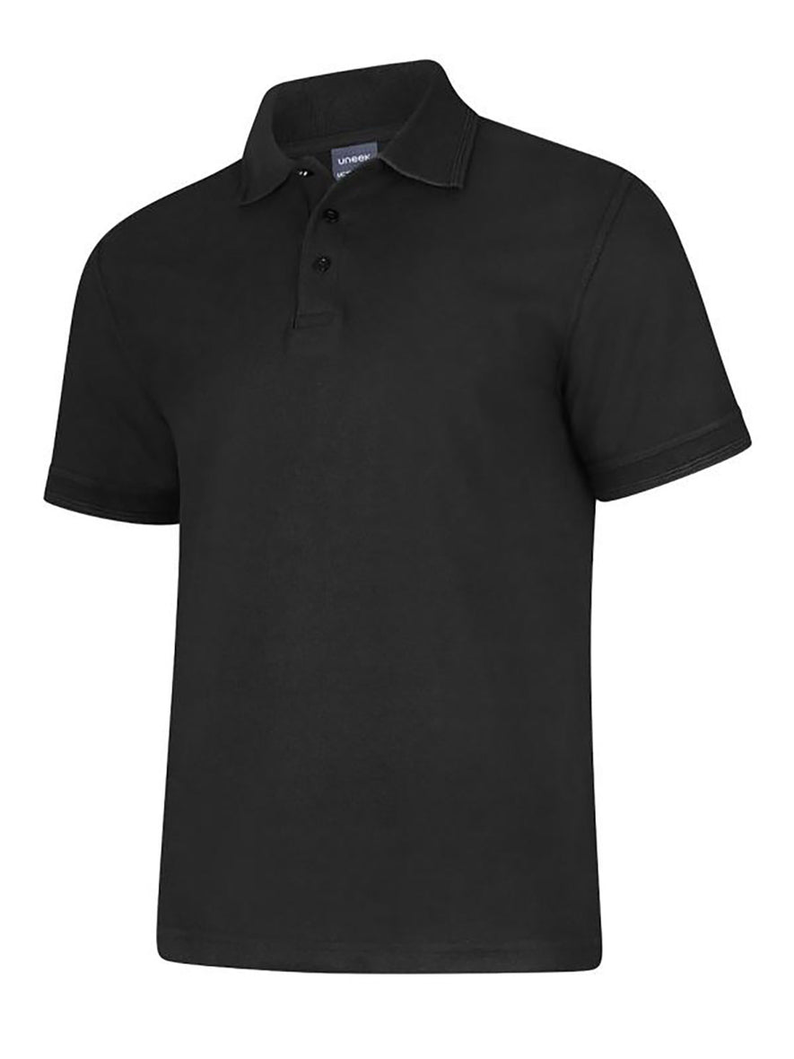Uneek Clothing UC108 - 220GSM DELUXE POLOSHIRT in black with short sleeves, collar and three button plackett.