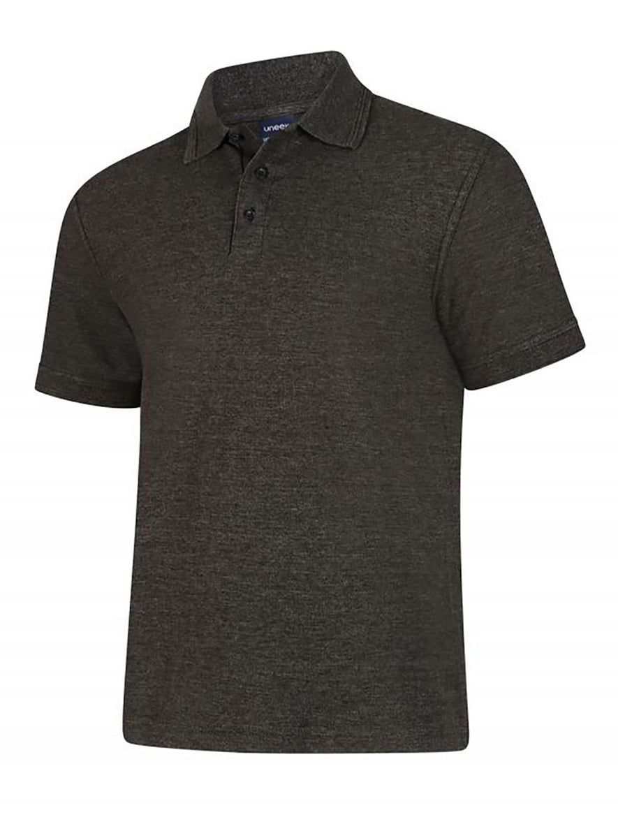Uneek Clothing UC108 - 220GSM DELUXE POLOSHIRT in charcoal with short sleeves, collar and three button plackett.