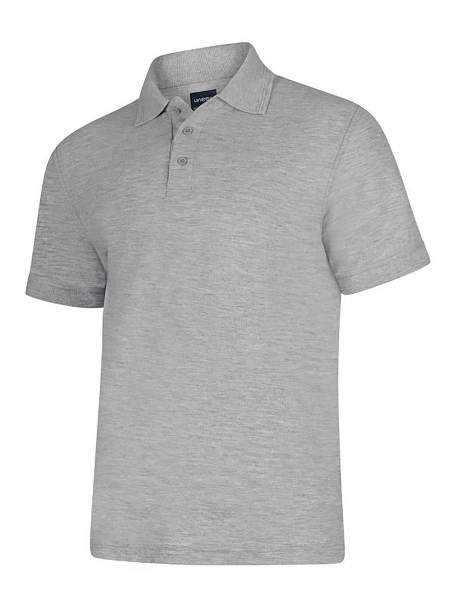 Uneek Clothing UC108 - 220GSM DELUXE POLOSHIRT in heather grey with short sleeves, collar and three button plackett.