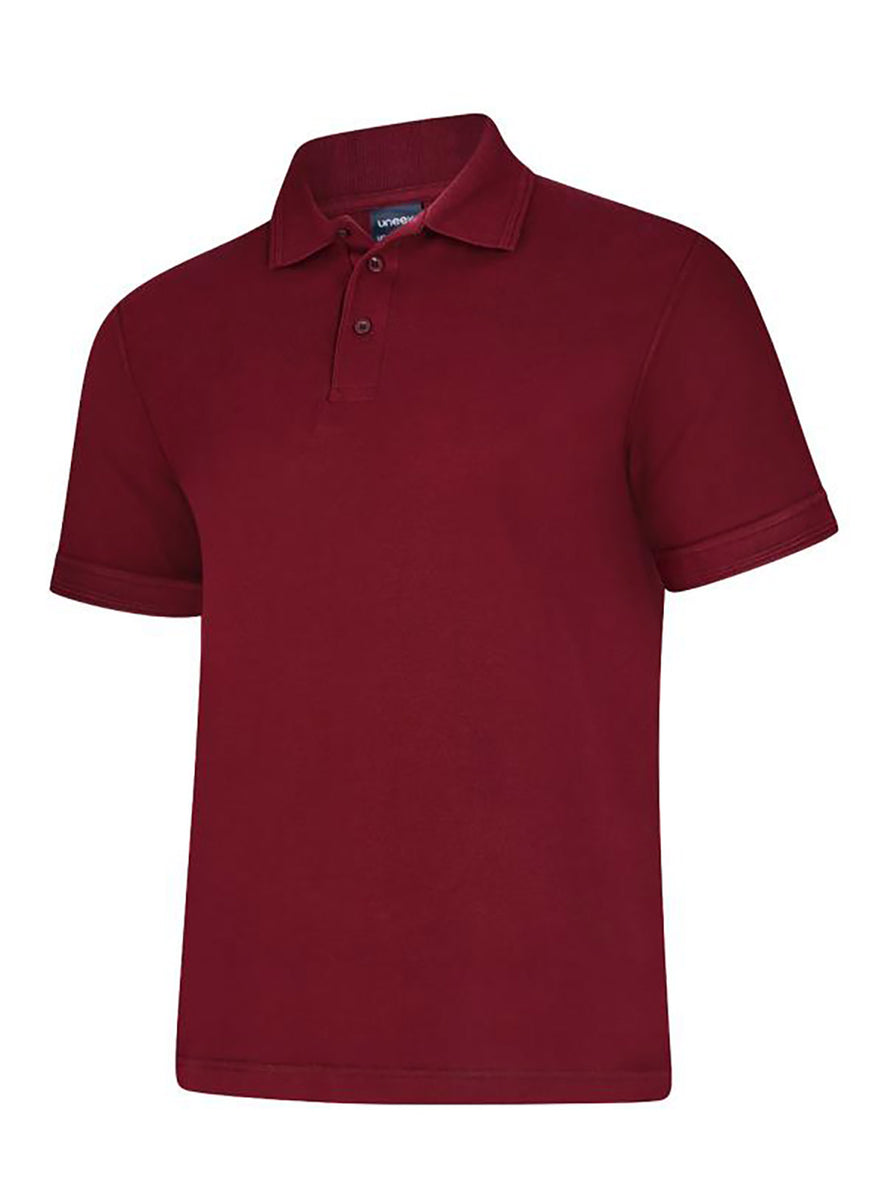 Uneek Clothing UC108 - 220GSM DELUXE POLOSHIRT in maroon with short sleeves, collar and three button plackett.