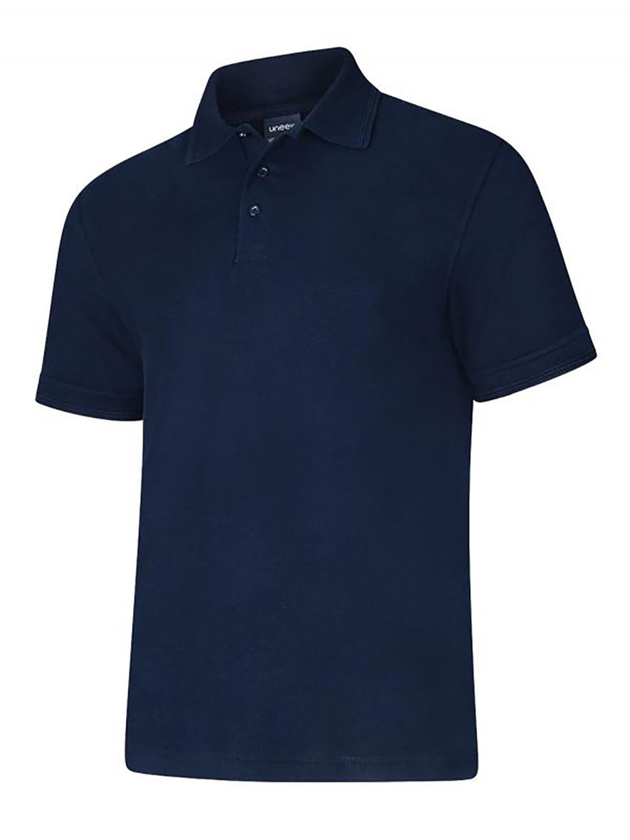 Uneek Clothing UC108 - 220GSM DELUXE POLOSHIRT in navy with short sleeves, collar and three button plackett.