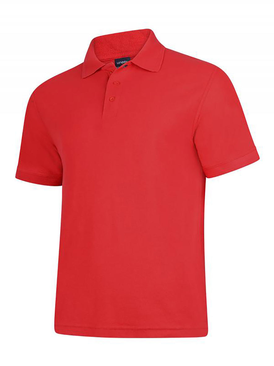 Uneek Clothing UC108 - 220GSM DELUXE POLOSHIRT in red with short sleeves, collar and three button plackett.