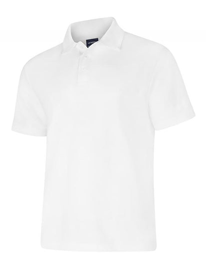 Uneek Clothing UC108 - 220GSM DELUXE POLOSHIRT in white with short sleeves, collar and three button plackett.
