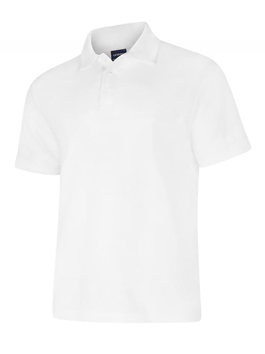 Uneek Clothing UC108 - 220GSM DELUXE POLOSHIRT in white with short sleeves, collar and three button plackett.
