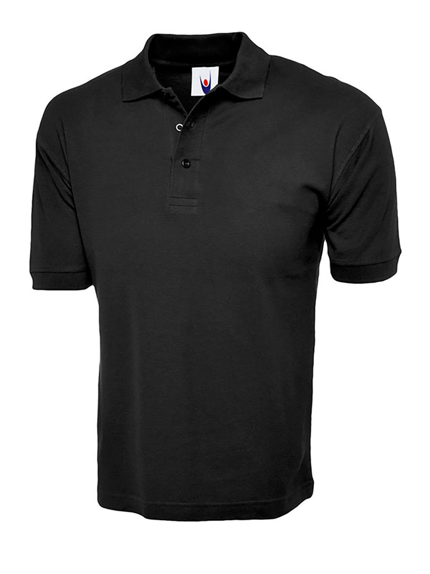 Uneek Clothing UC112 220GSM Cotton Rich Poloshirt in black with short sleeves, collar and three button plackett.