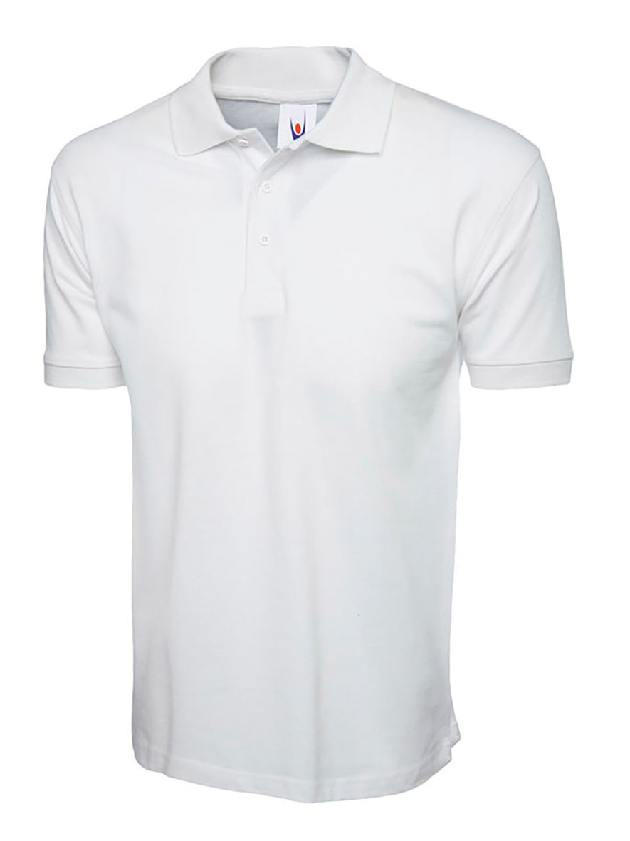 Uneek Clothing UC112 220GSM Cotton Rich Poloshirt in white with short sleeves, collar and three button plackett.
