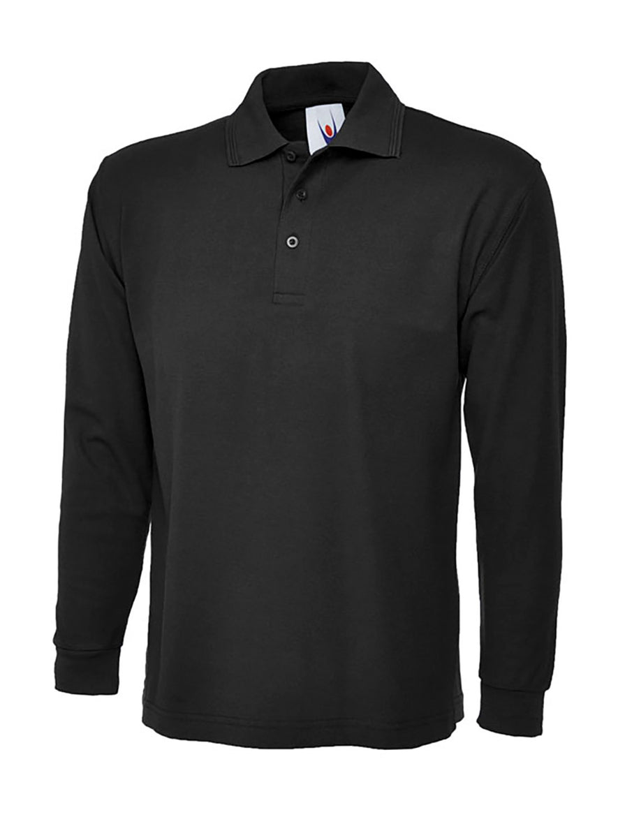 Uneek Clothing UC113 - 220GSM Longsleeve Poloshirt in black with long sleeves, collar and three button plackett.