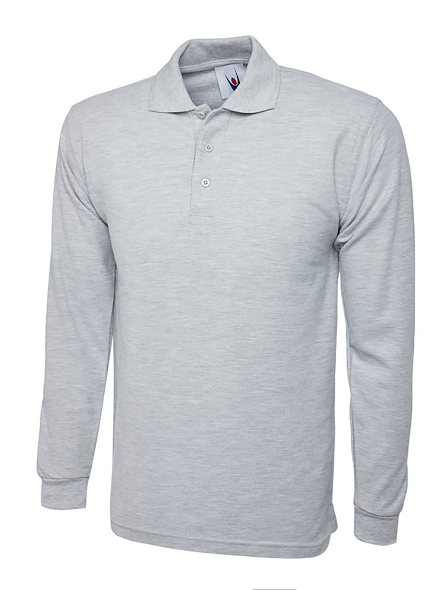 Uneek Clothing UC113 - 220GSM Longsleeve Poloshirt in heather grey with long sleeves, collar and three button plackett.