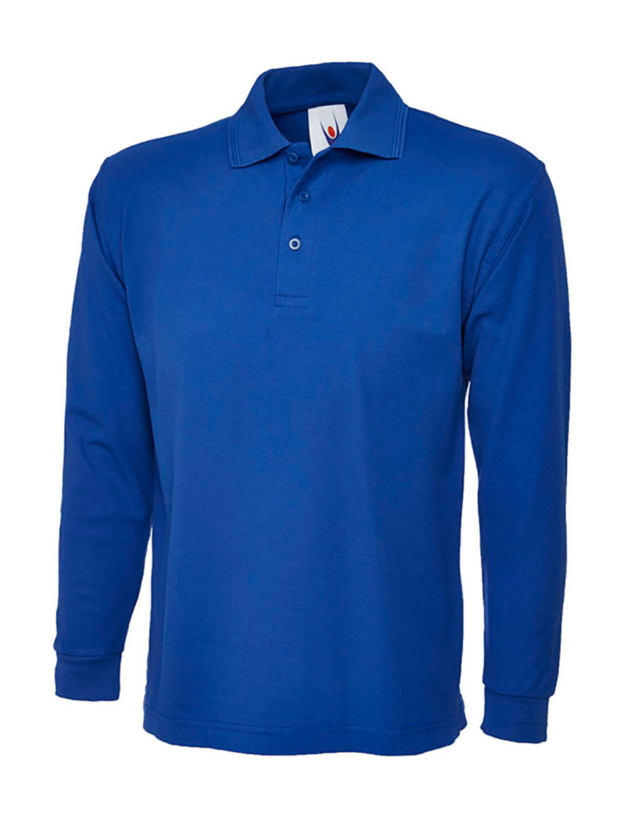 Uneek Clothing UC113 - 220GSM Longsleeve Poloshirt in royal blue with long sleeves, collar and three button plackett.