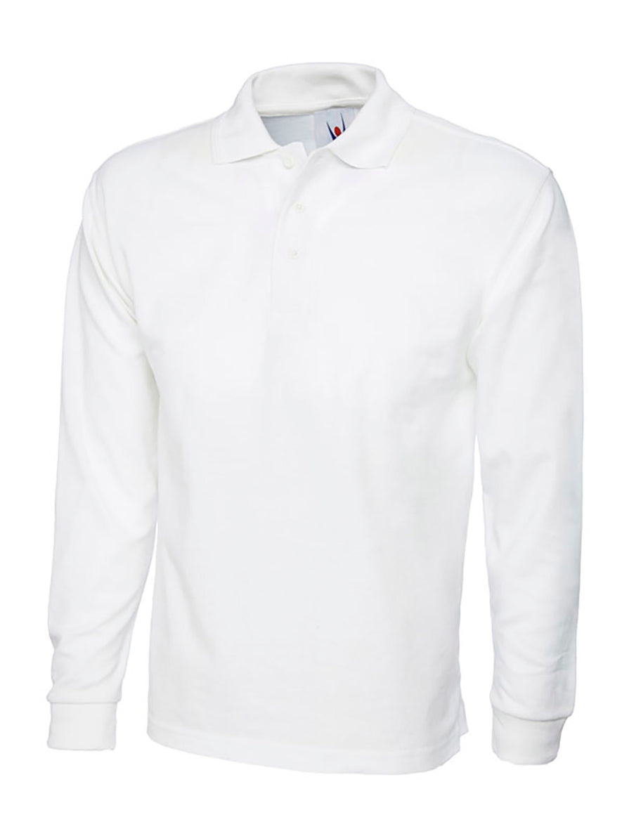 Uneek Clothing UC113 - 220GSM Longsleeve Poloshirt in white with long sleeves, collar and three button plackett.