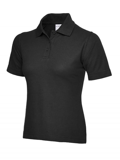 Uneek Clothing UC115 180GSM Ladies Polo Shirt with short sleeves, collar and three button plackett in black.