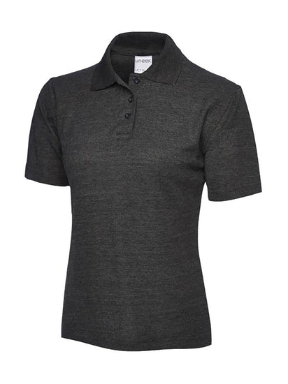 Uneek Clothing UC115 180GSM Ladies Polo Shirt with short sleeves, collar and three button plackett in charcoal.