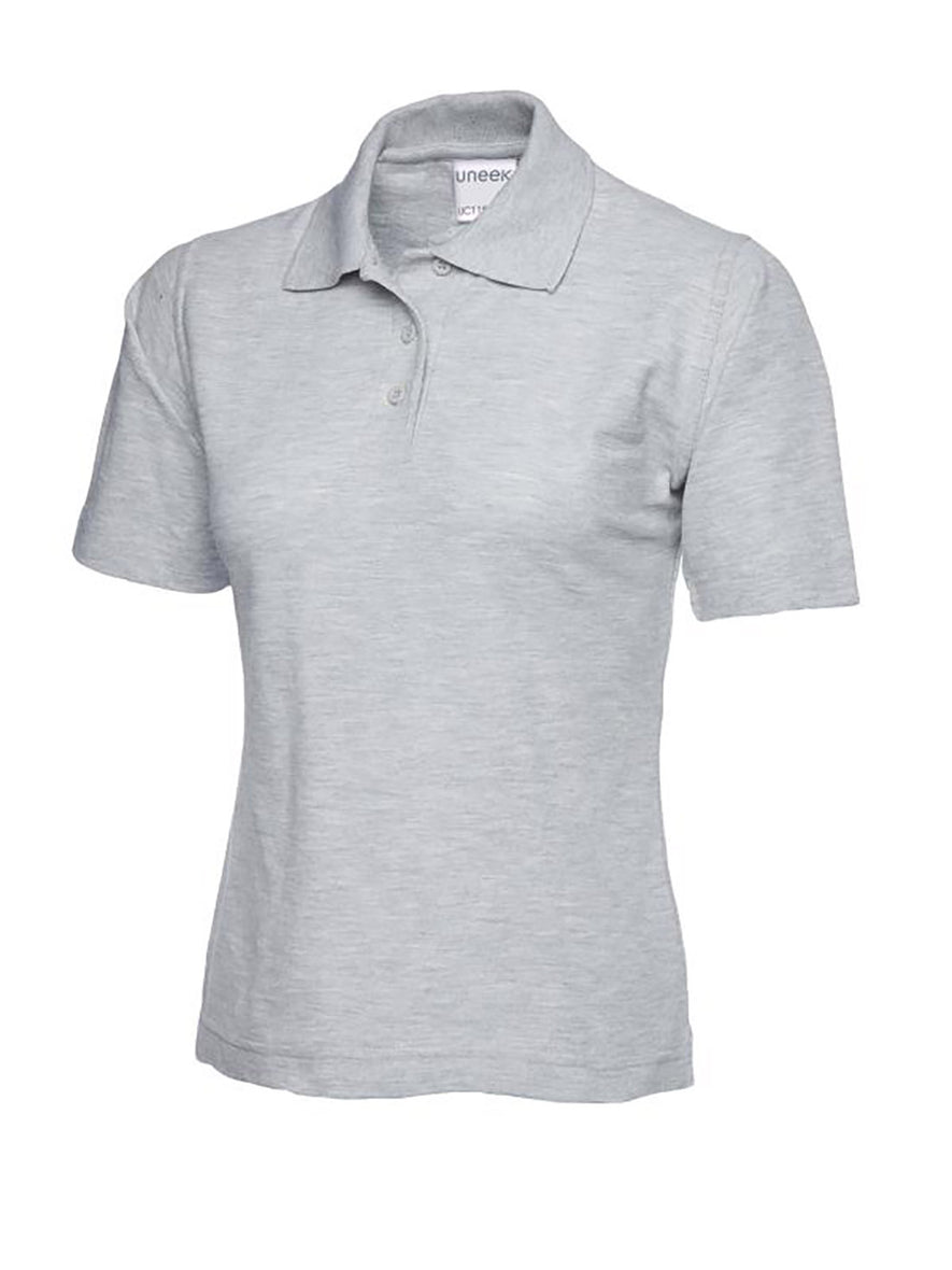 Uneek Clothing UC115 180GSM Ladies Polo Shirt with short sleeves, collar and three button plackett in heather grey.