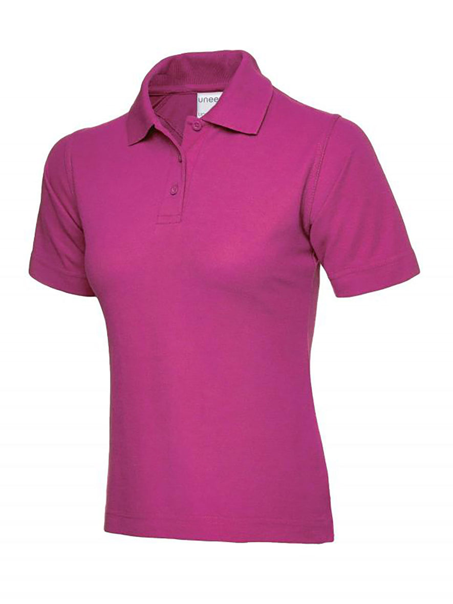Uneek Clothing UC115 180GSM Ladies Polo Shirt with short sleeves, collar and three button plackett in hot pink.