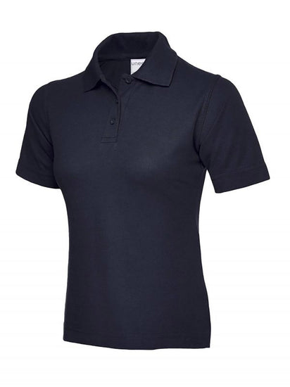 Uneek Clothing UC115 180GSM Ladies Polo Shirt with short sleeves, collar and three button plackett in navy.