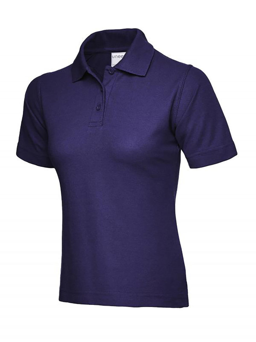 Uneek Clothing UC115 180GSM Ladies Polo Shirt with short sleeves, collar and three button plackett in purple.