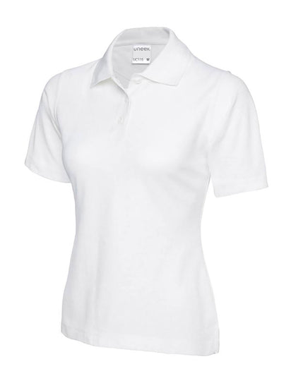 Uneek Clothing UC115 180GSM Ladies Polo Shirt with short sleeves, collar and three button plackett in white.