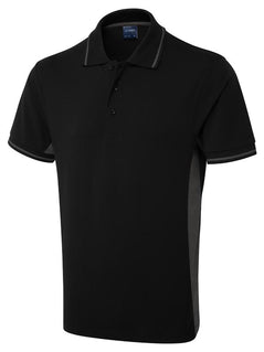 Uneek Clothing UC117 200 GSM Two Tone Polo Shirt in black with short sleeves, collar and three button plackett and charcoal panels on sides, inside of collar and sleeves.