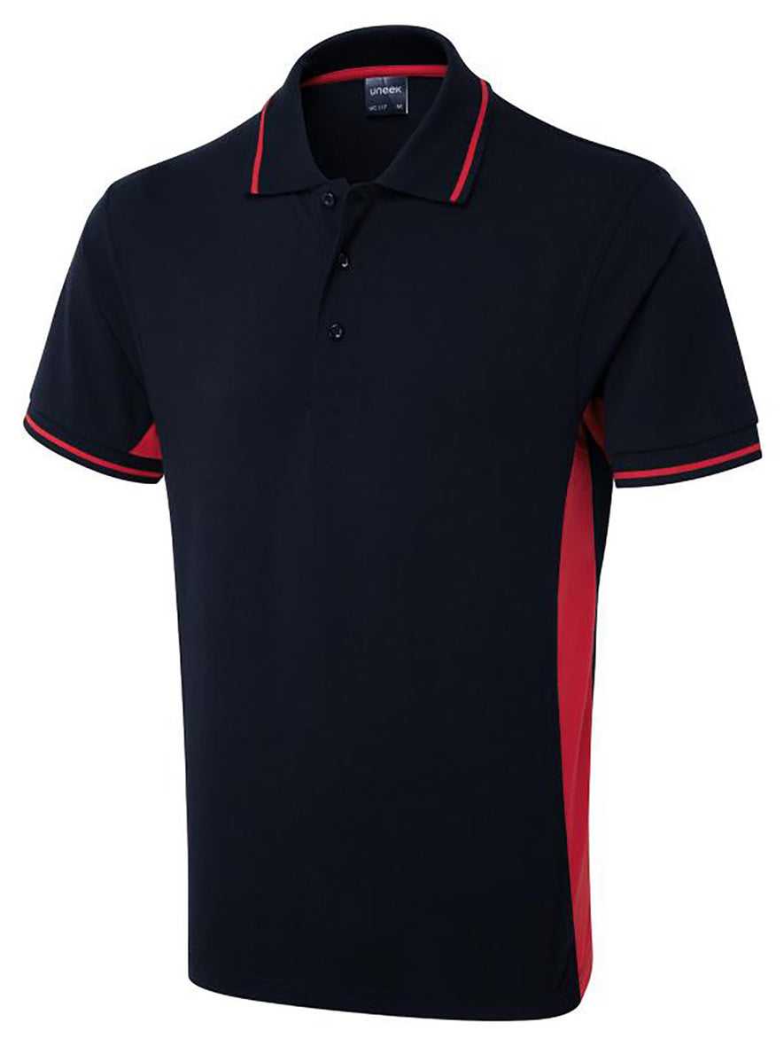 Uneek Clothing UC117 200 GSM Two Tone Polo Shirt in navy with short sleeves, collar and three button plackett and red panels on sides, inside of collar and sleeves.