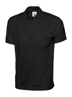 Uneek Clothing UC122 200GSM Jersey Poloshirt in black with short sleeves, collar and two button plackett.
