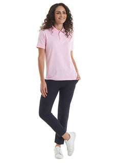 Person wearing Uneek Clothing UC122 200GSM Jersey Poloshirt in pink with short sleeves, collar and two button plackett.