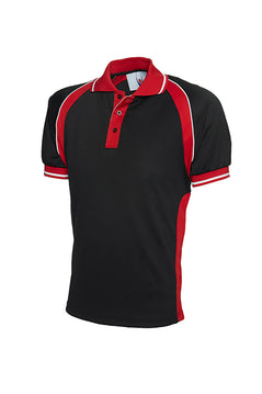 Uneek Clothing UC123 Sports Poloshirt in black with short sleeves, collar and three button plackett and red and white panels on bottom of sleeves, shoulders, collar, plackett.