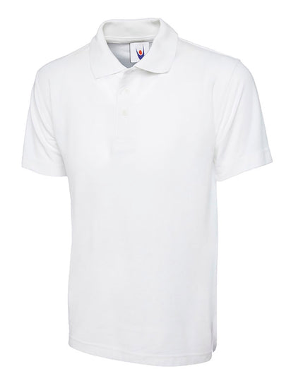 Uneek Clothing UC124 175GSM Olympic Poloshirt in white with short sleeves, collar and three button plackett.