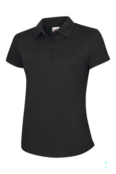 Uneek Clothing UC126 Ladies Ultra Cool Poloshirt 100% Polyester with short sleeves in black with black buttons and collar.