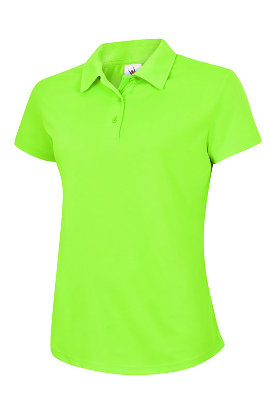 Uneek Clothing UC126 Ladies Ultra Cool Poloshirt 100% Polyester with short sleeves in electric green with electric green buttons and collar.