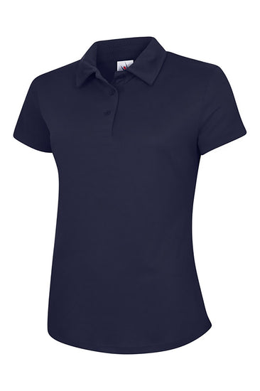 Uneek Clothing UC126 Ladies Ultra Cool Poloshirt 100% Polyester with short sleeves in navy with navy buttons and collar.