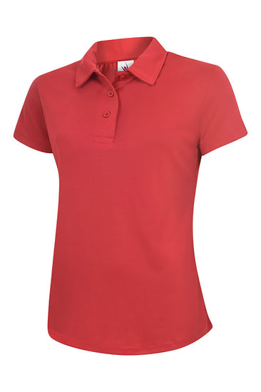 Uneek Clothing UC126 Ladies Ultra Cool Poloshirt 100% Polyester with short sleeves in red with red buttons and collar.