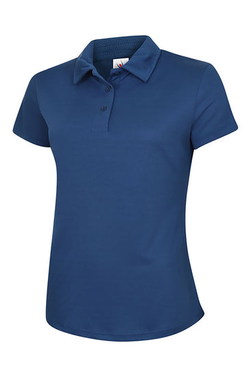 Uneek Clothing UC126 Ladies Ultra Cool Poloshirt 100% Polyester with short sleeves in royal blue with royal blue buttons and collar.