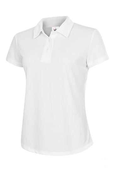 Uneek Clothing UC126 Ladies Ultra Cool Poloshirt 100% Polyester with short sleeves in white with white buttons and collar.