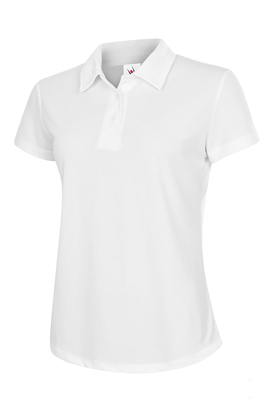 Uneek Clothing UC126 Ladies Ultra Cool Poloshirt 100% Polyester with short sleeves in white with white buttons and collar.
