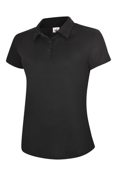 Uneek Clothing UC128 Ladies Super Cool Workwear Poloshirt with short sleeves in black with black buttons and collar.