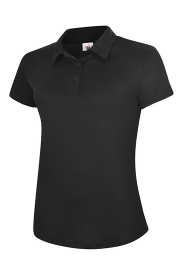 Uneek Clothing UC128 Ladies Super Cool Workwear Poloshirt with short sleeves in black with black buttons and collar.