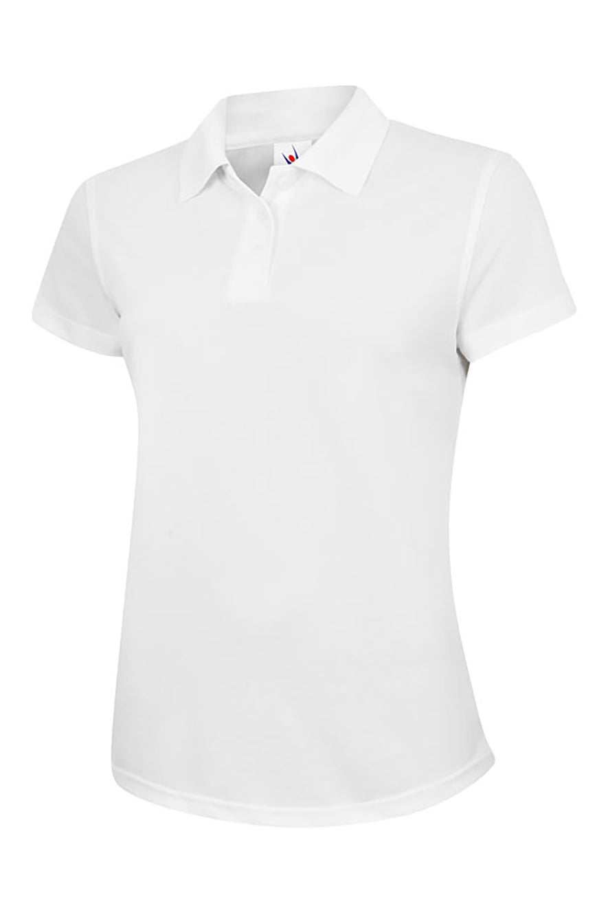 Uneek Clothing UC128 Ladies Super Cool Workwear Poloshirt with short sleeves in white with white buttons and collar.
