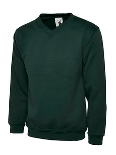 Uneek Clothing UC204 Premium V-Neck Sweatshirt long sleeves and round neck in bottle green with elasticated bottom.