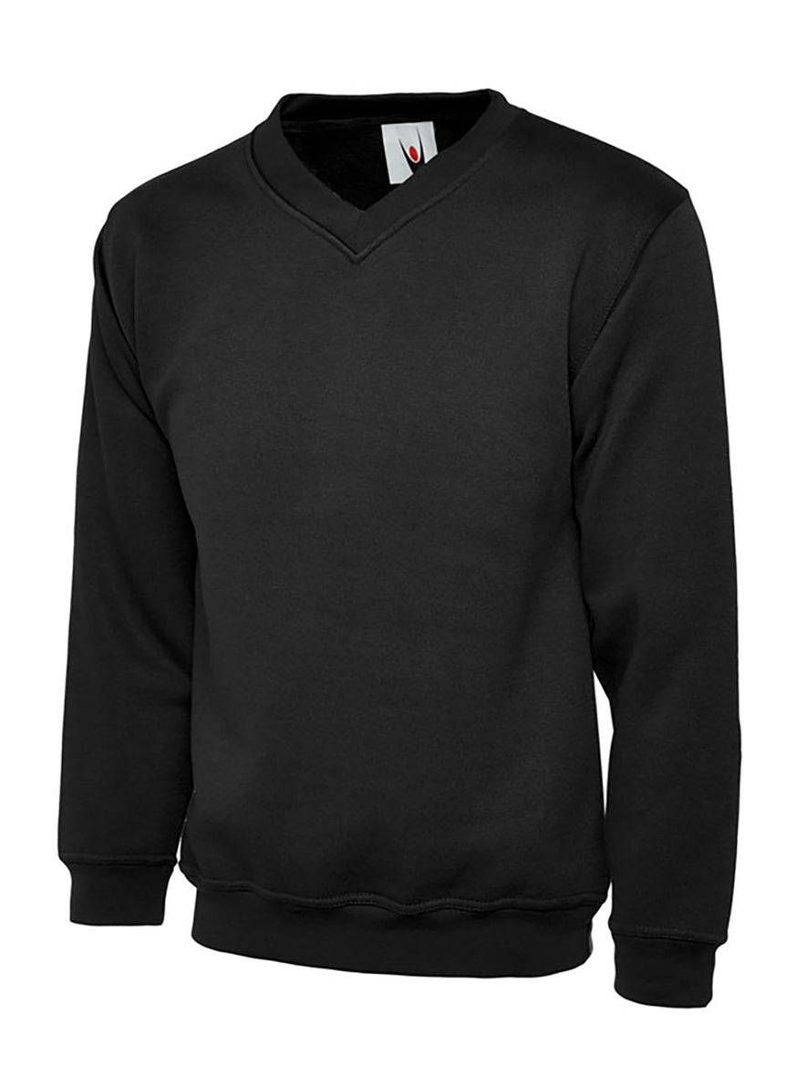 Uneek Clothing UC204 Premium V-Neck Sweatshirt long sleeves and round neck in black with elasticated bottom.