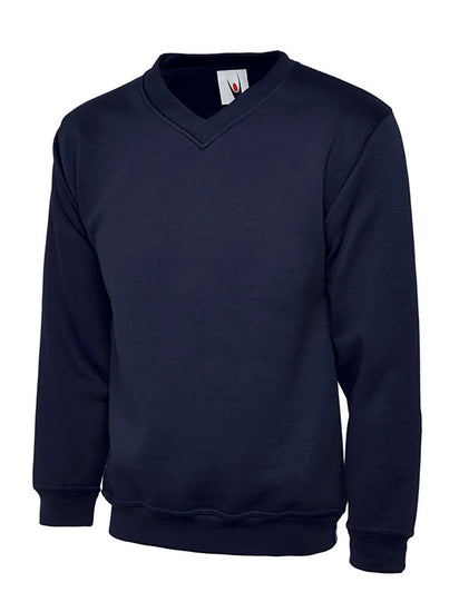 Uneek Clothing UC204 Premium V-Neck Sweatshirt long sleeves and round neck in navy with elasticated bottom.